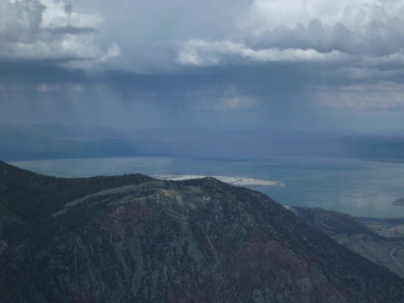 Pouring over Mono Lake and the Pillar. Took this picture real quick before ducking back under the tarp.