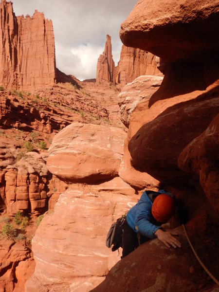 The traverse at the end of pitch 1. The Citadel and Gothic Nightmare in the background.