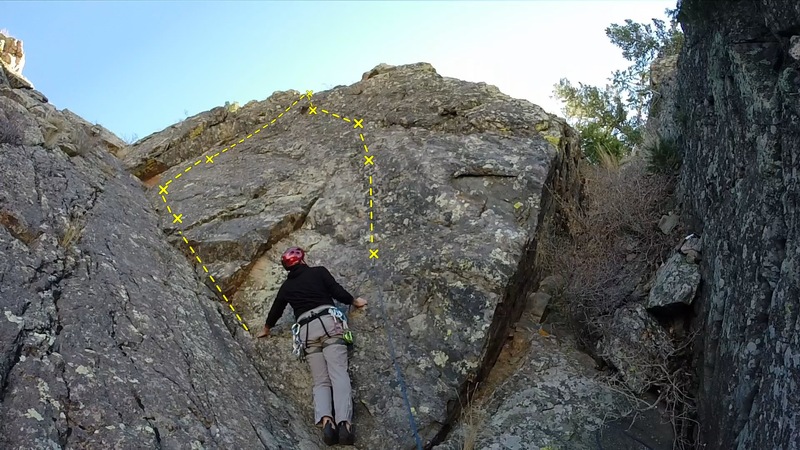 A (fisheye) view of the lower half of the route. Takin' it Easy is the righthand variation; Takin' it Slow is on the left.