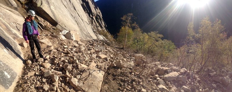 James Otey Surveying the new rockfall that came off in October 2015, between Union Jack and Moby Grape