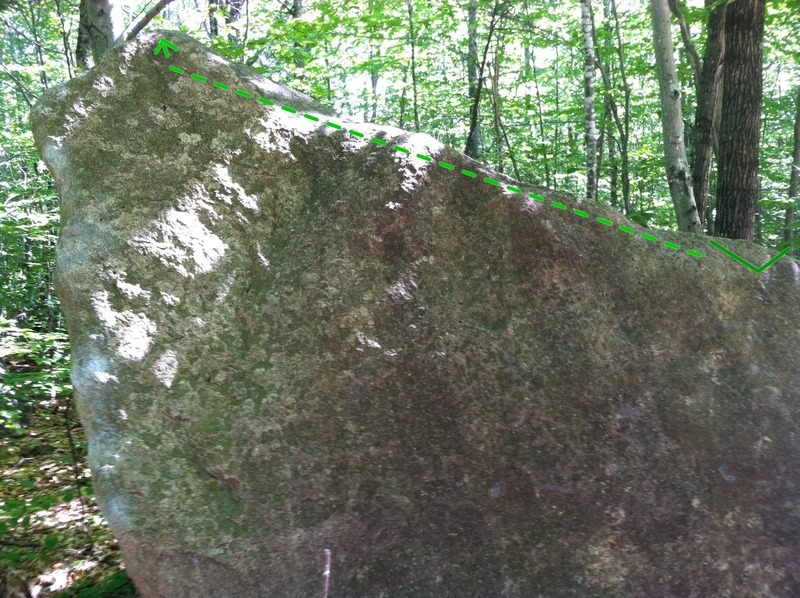 The Fin Traverse, this is what you'll see when you're approaching the boulder on the trail. You can see the arete for The Fin (v3) on the left.