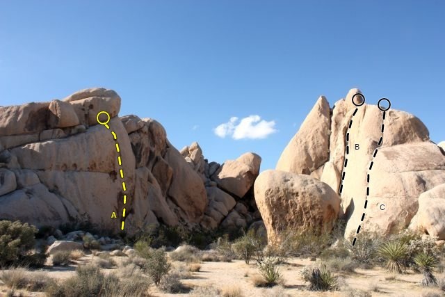 Southeast-facing cove around and right from Zinging in the Grain, Joshua Tree NP<br>
<br>
A. Phantom Tollbooth (5.10a)<br>
B. 30 Grit Route (5.6)<br>
C. The Grain Mutiny (5.3 R)