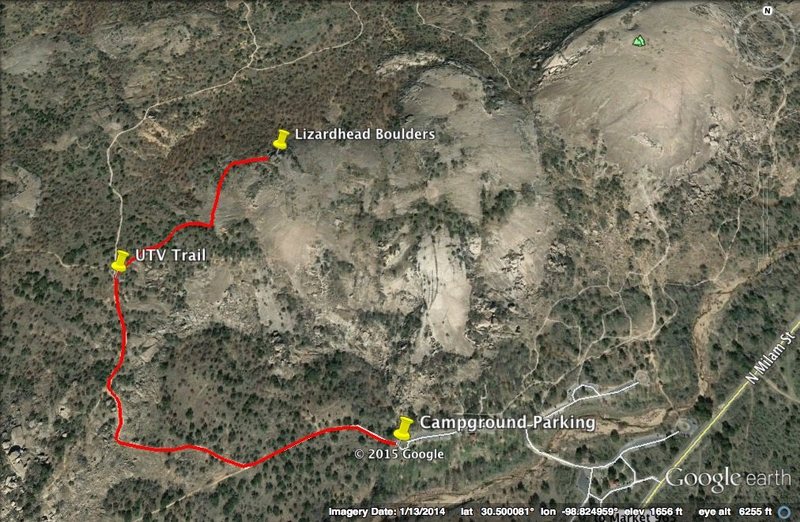This is an easy way to hike to Lizardhead Boulders and minimize your impact of hiking off trail. It's about one mile from the campground parking lot to the boulders. Start in the campground parking lot and head west on The Loop Trail. After hiking on The Loop Trail for about .65 miles there is a small road for utility vehicles going to the right towards Little Dome. GPS coordinates for this little road are about 30.499402N and -98.831856W. Hike on the little road until you reach the granite for Little Dome. At this point hike generally to the north east to reach Lizardhead Boulders.