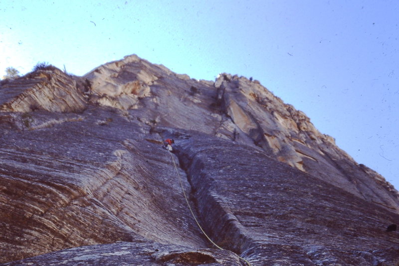 4 or 5th ascent? Based on Rangers.<br>
Getting up to bivy ledge. We hoped to do it all clean. Started pounding iron about here.