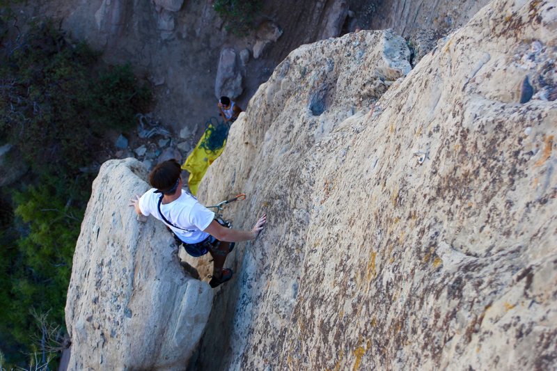Tyler looking down from the middle of the climb