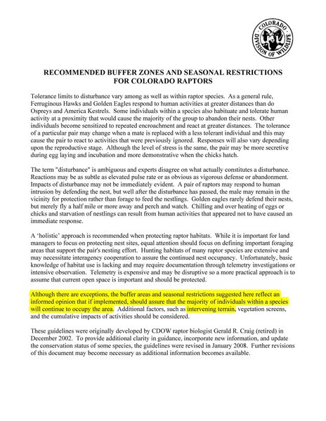 CDOW RECOMMENDED BUFFER ZONES AND SEASONAL RESTRICTIONS<br>
FOR COLORADO RAPTORS Page 1.