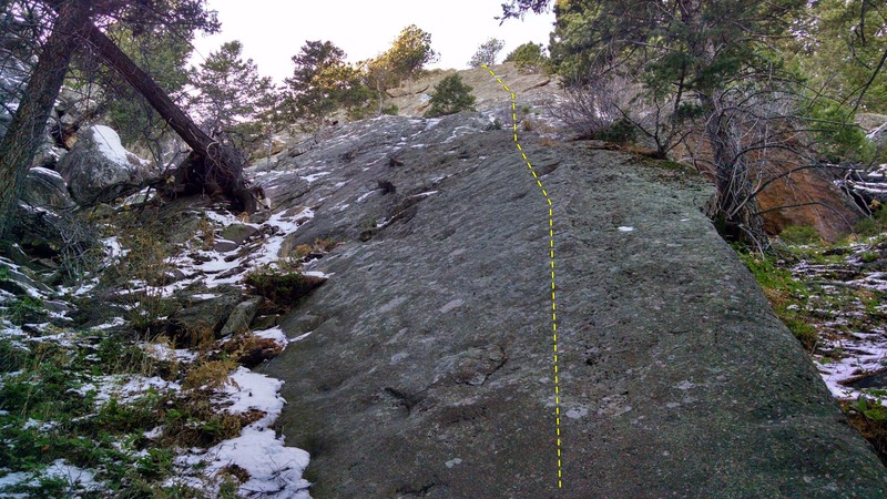Base of the route. Correct start will be on the northeast of the formation. If you continue up the trail to the left, beware starting up the seal on the southeast of the formation as this is the detached formation The Pup.