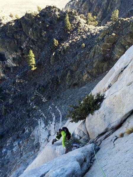 Johnny K just after the crux step-around, P5.