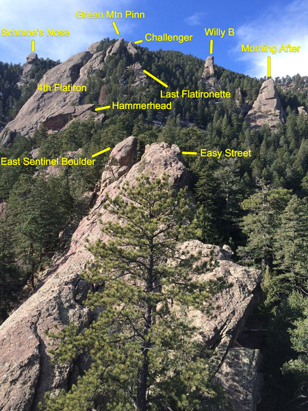 Upper Easy Street with East Sentinel Boulder to the left of the summit. Taken from Downclimb.