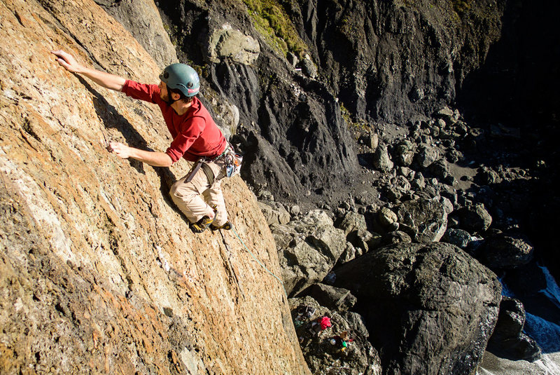 Finishing up the first lead of Ahab Slab on the new bolts. At the last bolt, the angle lessens significantly, but is still thoughtful movement. Excellent climb!
