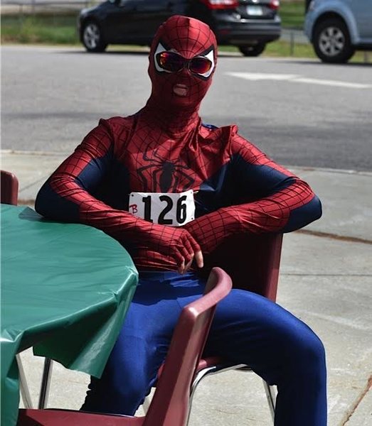 Me about to compete in a 21 mile Triathlon, "The Contoocook Carry" dressed as Spiderman. Came in 5th place.