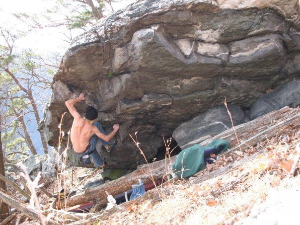 Bouldering "Orion's Belt" at home in Harpers Ferry.