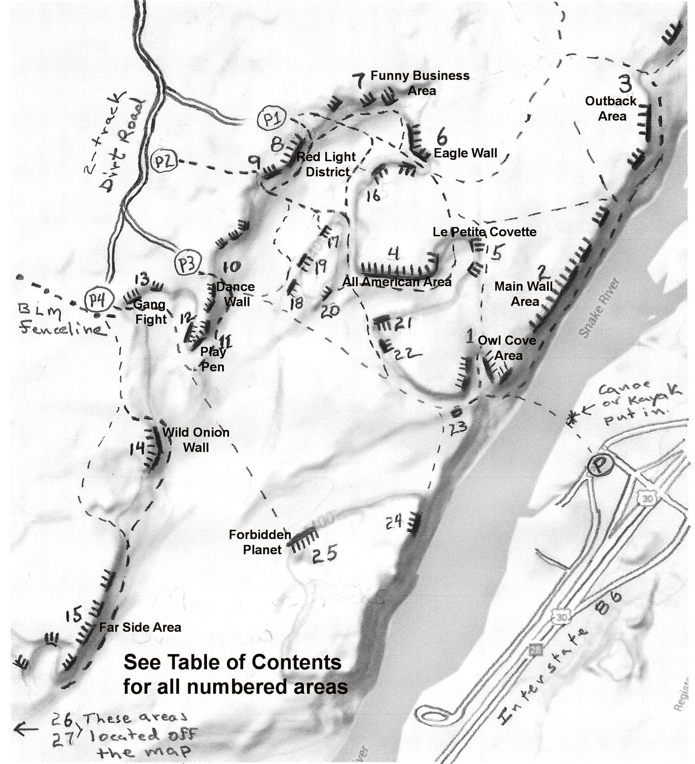 Overview map of Massacre Rocks and locations of major crags. See the ...