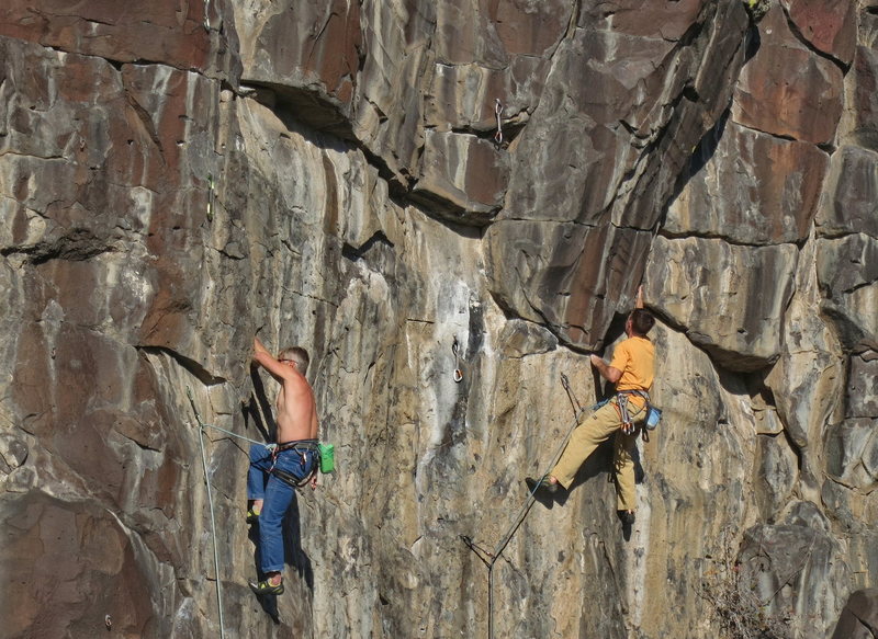 All American Wall in November, 2015. Nick Vitale, on the left, is on Pretty Woman (5.11A) and Troy Neu is on Miss American Pie (5.12A)