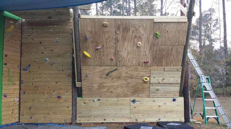 Some new routes went up today. This completes phase II of my backyard wall.<br>
Going to take a winter break from construction to snowboard and do some climbing on some real rock.<br>
See you in the spring when phase III, the cave, starts.