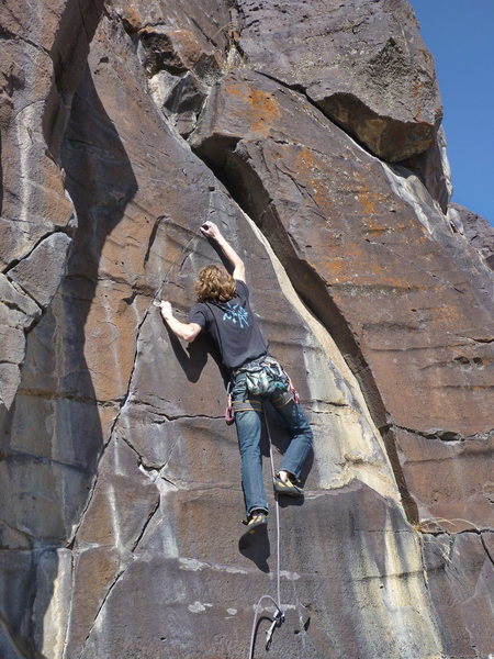 Terran Engle dancing through the thin crux of Scared Stiff, 11a (Mar 2012).