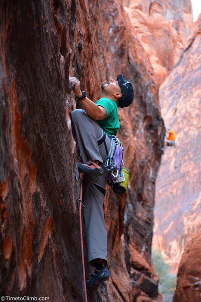 Mel Rivera on "Bonaire" <br>
Link - http://www.timetoclimb.com/climbing/the-black-corridor-sport-climbing-in-red-rock/