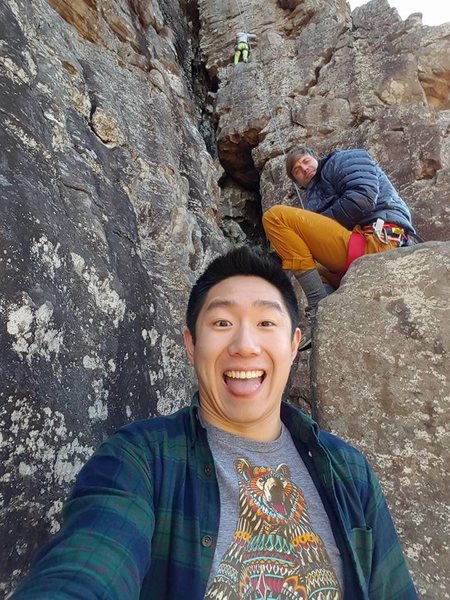 My friend's selfie, but me way up on Swamp Rat. It's a shaded route in DEC. I loved the crack. My 2nd outdoor climb ever!