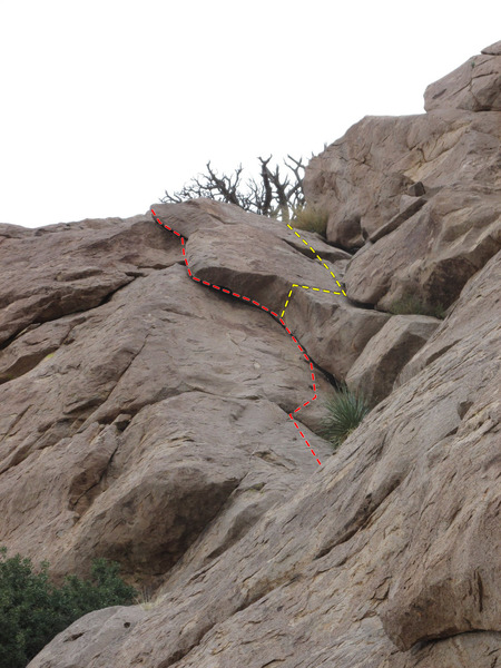 A 5.7 variation of the top out. The start of the yellow line follows the horizontal finger crack to use for hand holds when transitioning into the corner on the right. The version in Forrest's photo (here in red) while clean, fun and protectable is rated 5.9- on old topos.