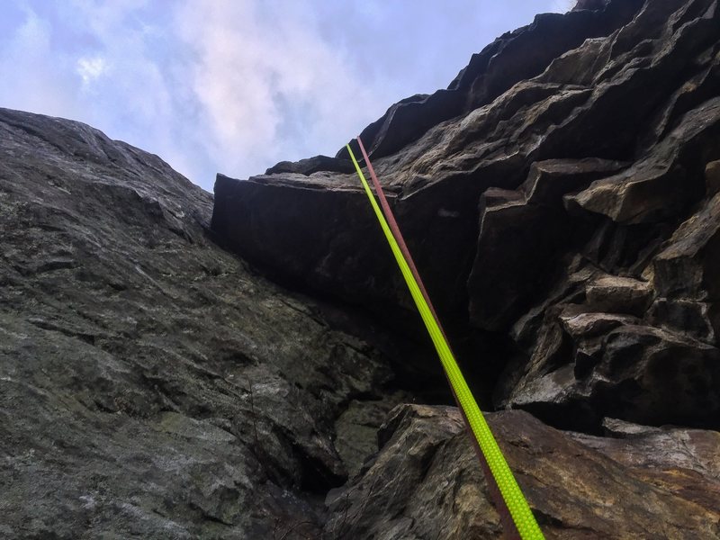 A view of the first crux on pitch 1. Makes sure to extend your sling and the belay station is just above.