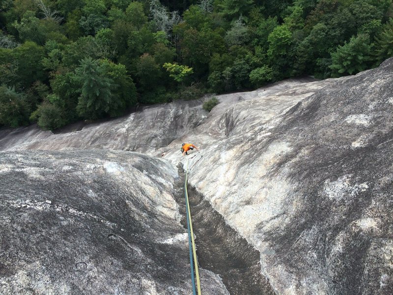Scott on the crux pitch of Canyons of Laurel, LK, NC.