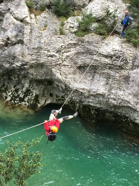 Joseph on the tyrolean traverse in the Gorges Du Verdon. March 2015