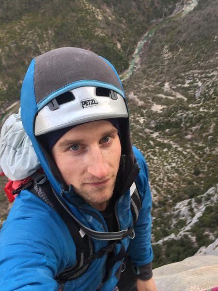 Hanging belay, pitch 10. Pinchenibule, Gorges Du Verdon. March 2015