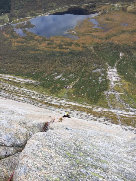 Ove coming up pitch 5 on Midsummernattsdrøm 6+ Norwegian, 6b?. Uskedalen, Norway. October 2015.