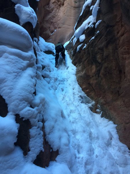 Pitch 3, Bottom was mostly rock, and snow piled up, thin at the top.