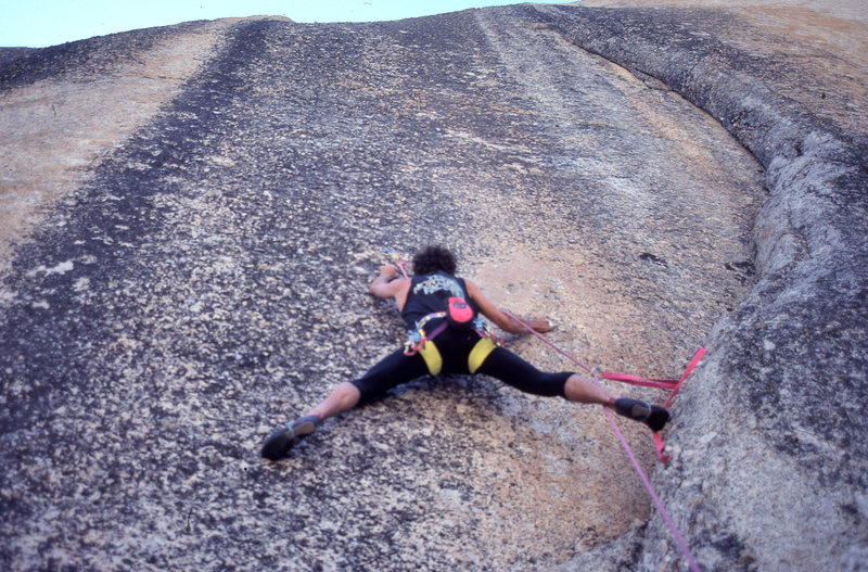 Peter Mayfield leading "European Vacation" (5.13b) in 1990.