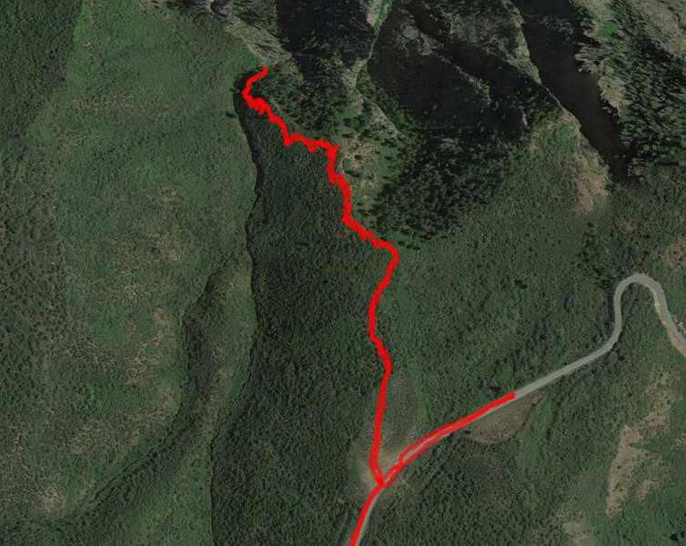 GPS tracks from our approach on 12/29. Had to turn around before rappelling into the ice, but I'm 90% sure we were in the correct drainage. <br>
<br>
Passed the pulloff on the road initially, hence the random dog-leg east in our tracks. Trail is broken as of 12/29.