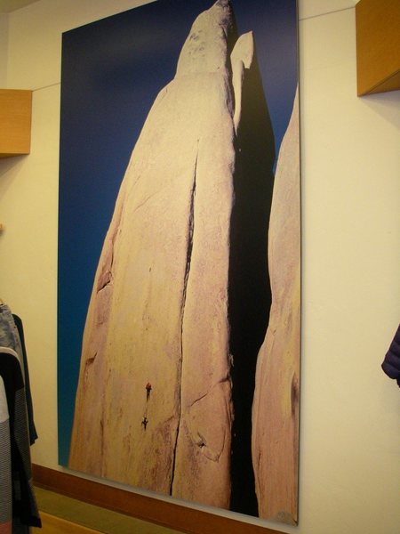 A print of unknown climbers on the first pitch is displayed in a Patagonia store in Seattle.