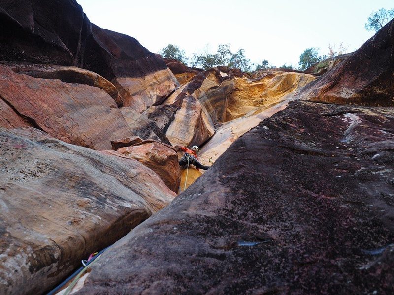 On the onsight FA of Chemical Chance in the cool stemming section. The crux is the obvious lip above.