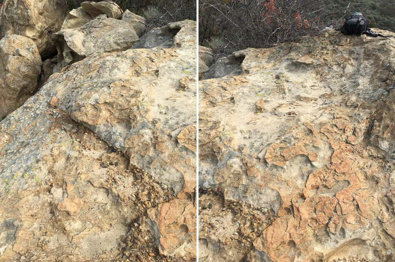 Here's a view of the top of the crag. I took this standing near the cave-side anchor. You can see there are some options for slinging boulders for back up. Behind my pack in the right pic is where the chain is and the crack that I used to build an anchor from.