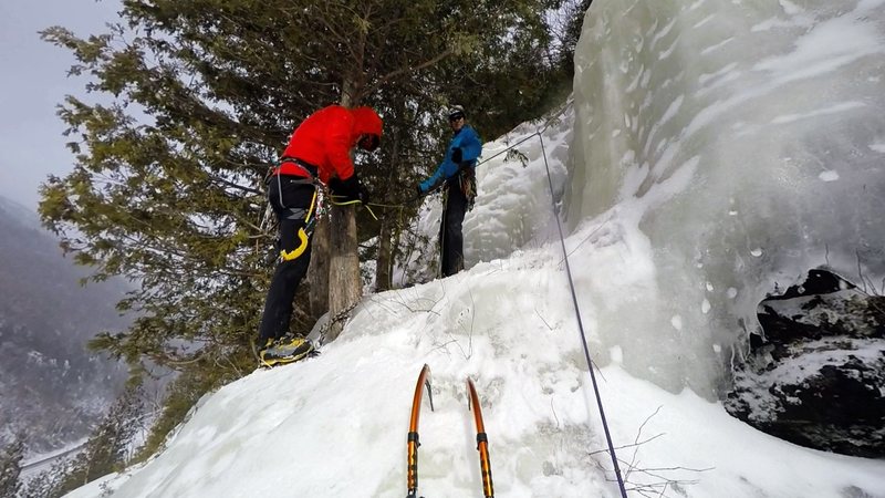 Arriving at the belay atop pitch 2. Directional screw highly recommended!