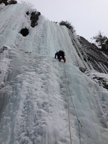 Thick conditions on Devil's tooth and Diablerets, Feb 9, 2016. Note the ice smears to the right (two very thin lines from bottom to top on right of photo) are formed and building fast. Malefique can be climbed almost entirely on ice.