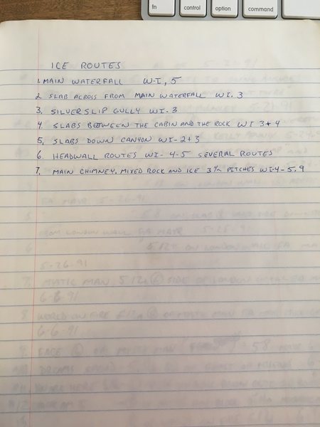 List of ice climbs I had done at Williamson.<br>
Found my old route notebook while cleaning out a bookshelf.