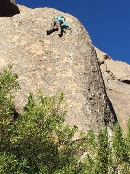 Enjoying the space and sense of exposure on this rarely climbed gem. Great way to access the harder climbs to the right if TR desired for more moderate leaders.