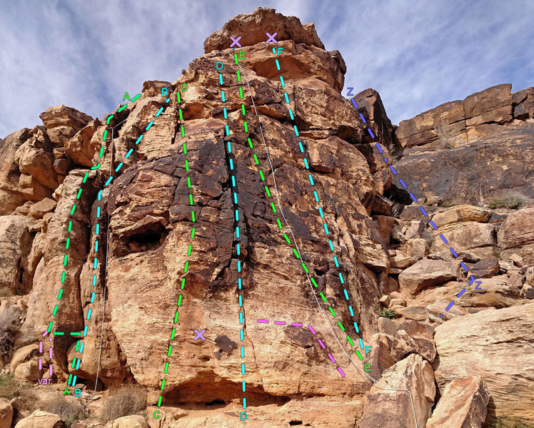 "parking slab" routes<br>
A - Butterflies Arete<br>
B - Parking Slot<br>
C - Roosterhead Ridge<br>
X - practice anchor<br>
D - Australian Monk<br>
E - Chinese Guancho<br>
F - Brazilian Ninja<br>
Z - parking access scramble