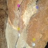 A blurry shot of the hold set up on goldbug at present...<br>
<br>
Yellow arrows are good sidepull crimps...<br>
Pink is the broken hold...<br>
Blue is what I used instead... 