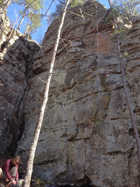 This shows all three 5.8s but has the outside most route roped up. Best 8s at the crag. 