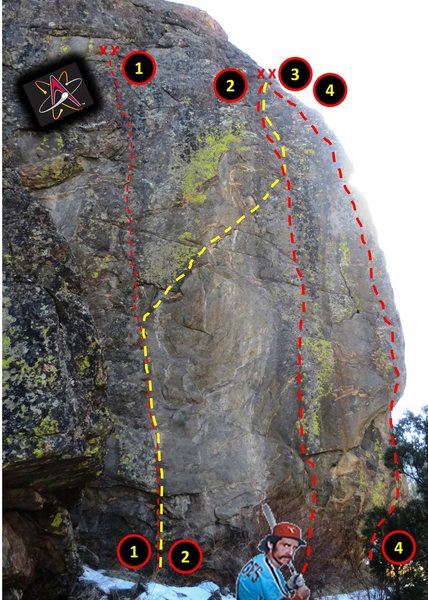 North Face topo. <br>
<br>
Routes:<br>
<br>
1. Albuquerque Isotopes.<br>
2. "Unknown 1".<br>
3. Rusty Bridges.<br>
4. AAA.