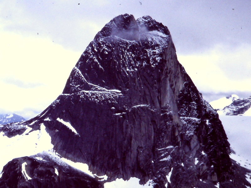 Bugaboo with (North) East Ridge in profile and North Face (taken from the Vowell Group in 1982)
