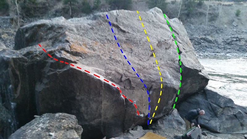 The Beach Boulder. <br>
Red - The Montana Angler<br>
Blue - The Mangler<br>
Yellow - Feels Like Glass<br>
Green - Beach Crack