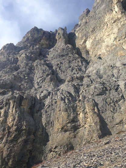View to route from descent, Most of the route is between the two gullies (King's Chimney on left, Unnamed on right), exiting left to BBQ Ledge just left and below the sharp high point of left skyline.