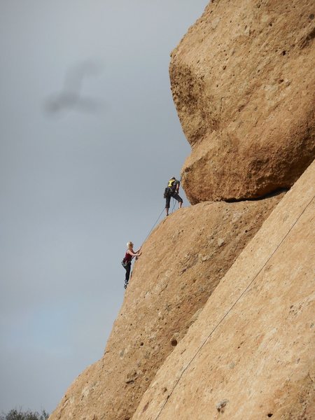 A rather unusual upper belay on "Slotterhouse."<br>