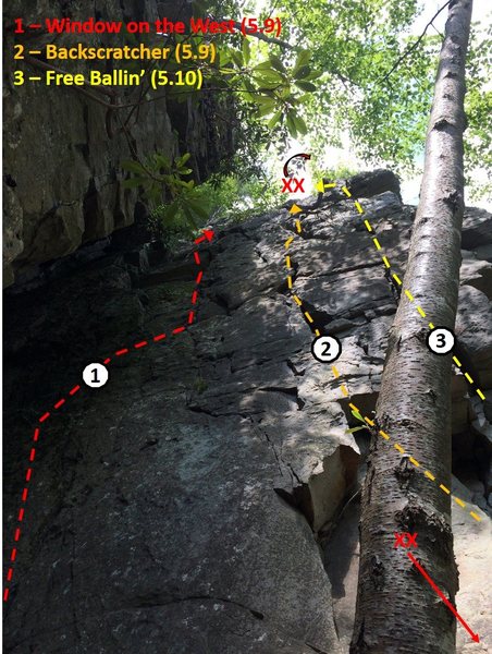 Routes and two-bolt anchor locations on the east-facing wall inside the Great Chimney