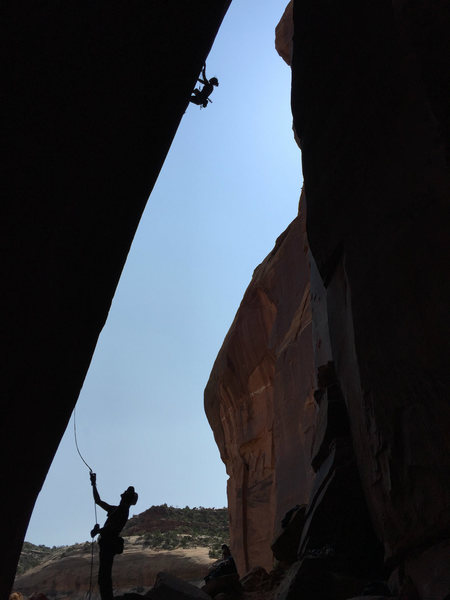 hey about another climber silhouette. that's tracy getting busy, ken on belay.