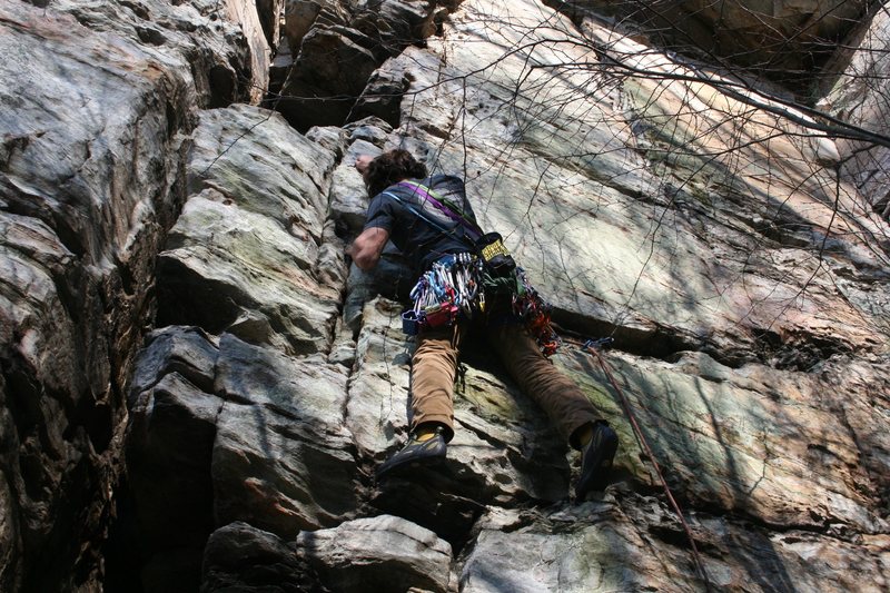 start right of the crack and reverse into it <br>
run out your first piece as much as your comfortable to avoid drag