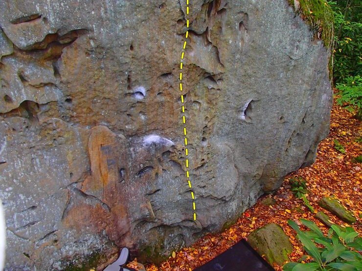 Topo outlined in yellow. Follow the underclung holds on thin feet up to the moss. Do not attempt to top out. I took this photo back in October when I first attempted it but just flashed it today.